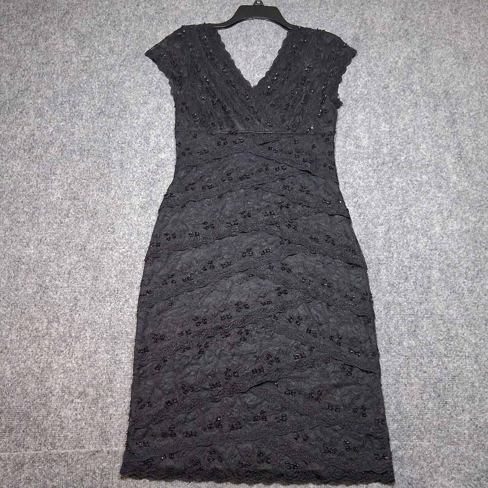 Cindy USA Black Lace Beaded Tiered V-Neck Cocktail Dress Womens‎ Medium LBD